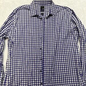 JF Men's XL 17 34-35 Button Down Long-Sleeve Shirt Casual Purple Plaid Slim Fit